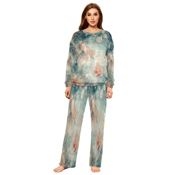 BZSMCE Women Slim Pajamas Loose Style Female Fashion Goldfish in Motion Pattern Sleepwear