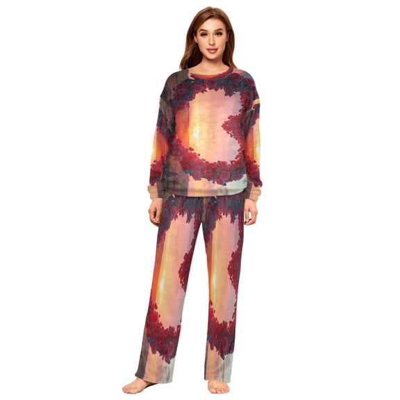 BZSMCE Women Slim Pajamas Loose Style Female Fashion Heart Shaped Floral Wreath Sunset Pattern Sleepwear