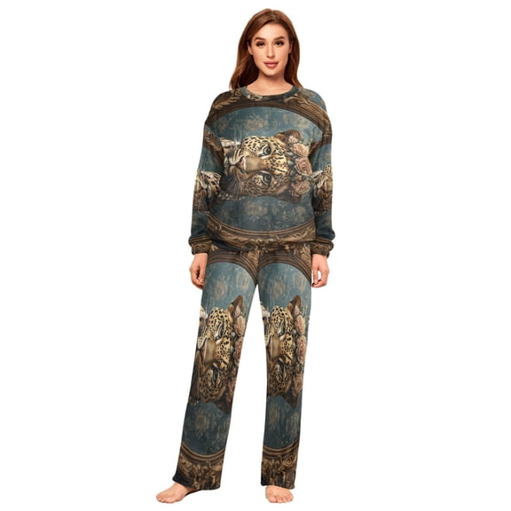 BZSMCE Women Slim Pajamas Loose Style Female Fashion Leopard with Floral Crown Pearls Pattern Sleepwear