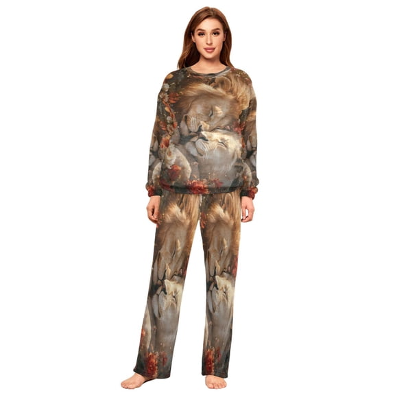 BZSMCE Women Slim Pajamas Loose Style Female Fashion Lions Resting Flowers Pattern Sleepwear