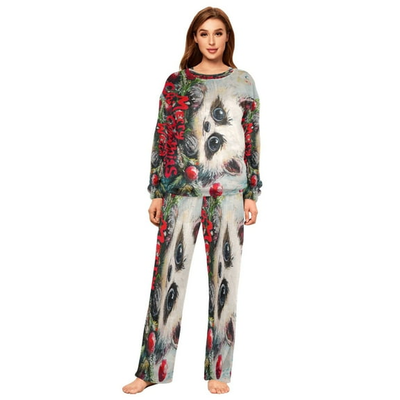 BZSMCE Women Slim Pajamas Loose Style Female Fashion Merry Christmas Raccoon Pattern Sleepwear