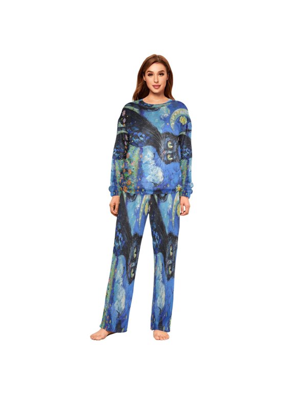 Women Slim Pajamas Loose Style Female Fashion Moonlit Kitty Dreams Pattern Sleepwear