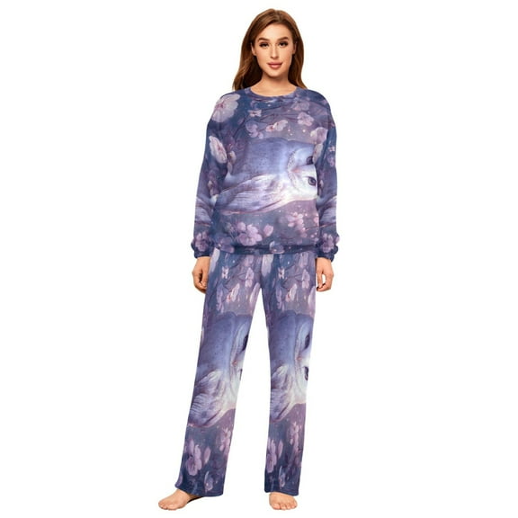 BZSMCE Women Slim Pajamas Loose Style Female Fashion Owl in Blossoms Pattern Sleepwear