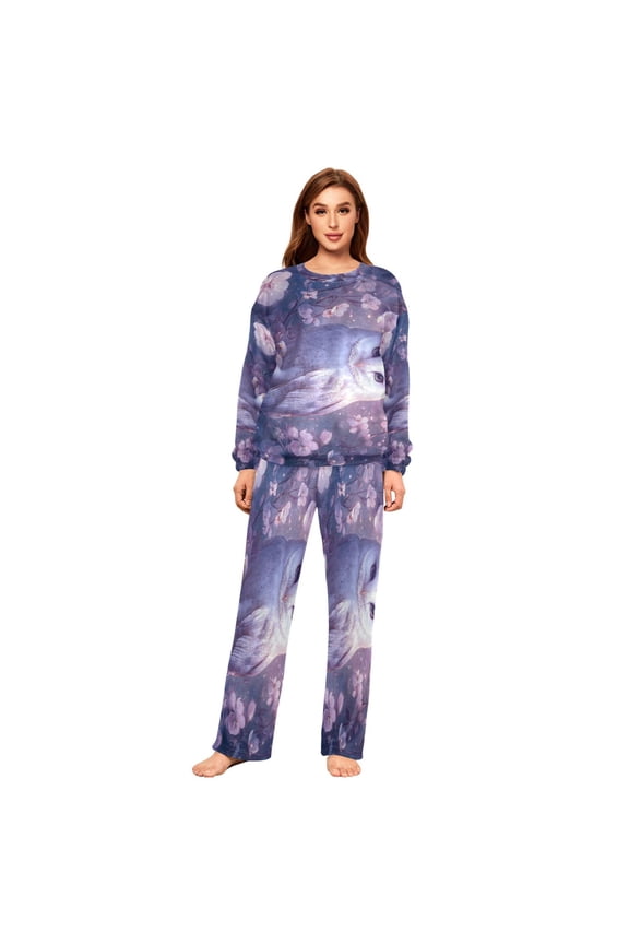 Women Slim Pajamas Loose Style Female Fashion Owl in Blossoms Pattern Sleepwear