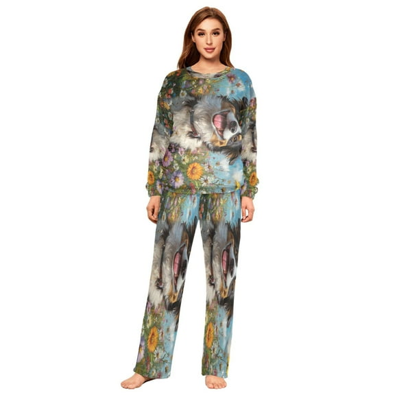 BZSMCE Women Slim Pajamas Loose Style Female Fashion Oyful Pup in A Flower Field Pattern Sleepwear