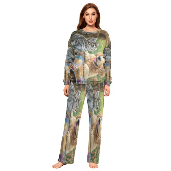BZSMCE Women Slim Pajamas Loose Style Female Fashion Paw-sitive Pals Pattern Sleepwear