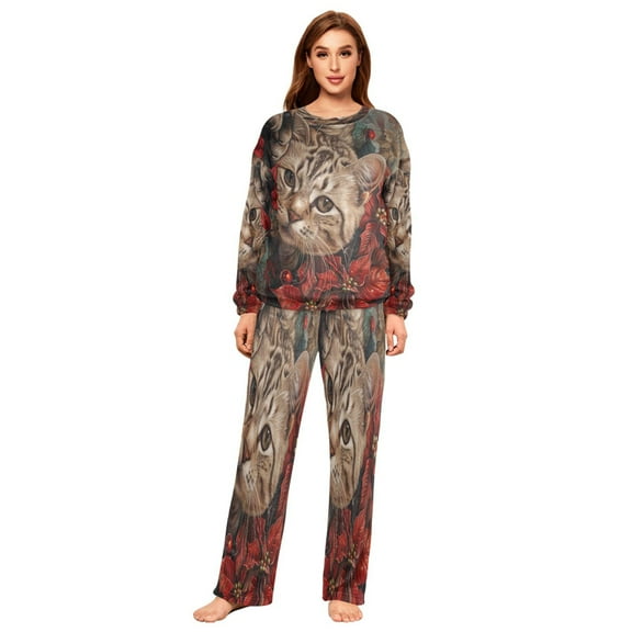 BZSMCE Women Slim Pajamas Loose Style Female Fashion Pondering Tabby Amidst Poinsettias Pattern Sleepwear