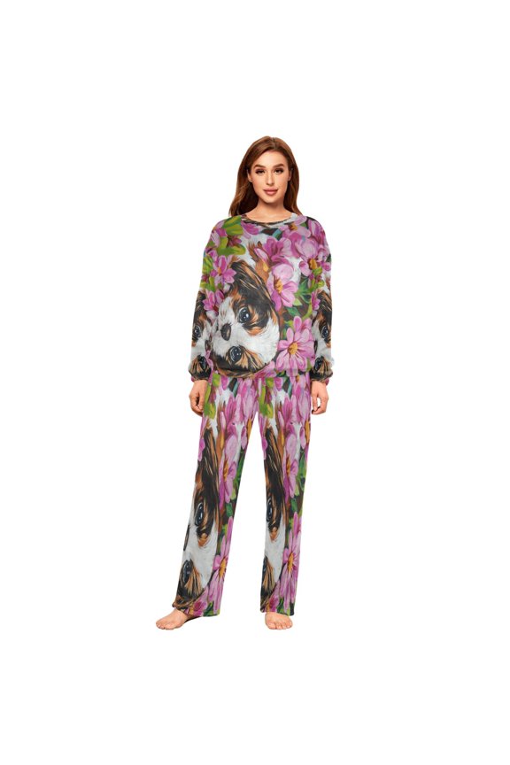 Women Slim Pajamas Loose Style Female Fashion Puppy in Bloom Pattern Sleepwear