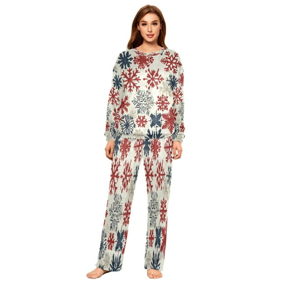 BZSMCE Women Slim Pajamas Loose Style Female Fashion Red White and Blue Snowflakes Pattern Sleepwear
