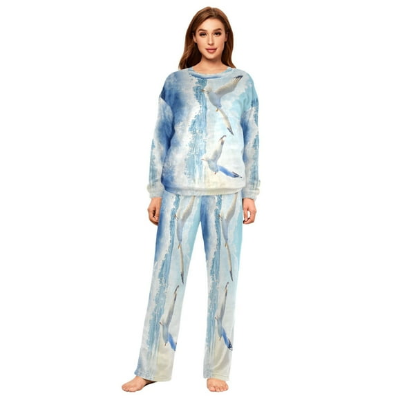 BZSMCE Women Slim Pajamas Loose Style Female Fashion Seagulls over Ocean Waves Pattern Sleepwear