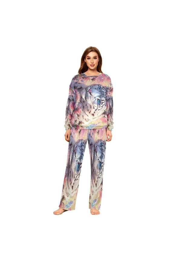 Women Slim Pajamas Loose Style Female Fashion Snow Leopard Roses Crystals Pattern Sleepwear