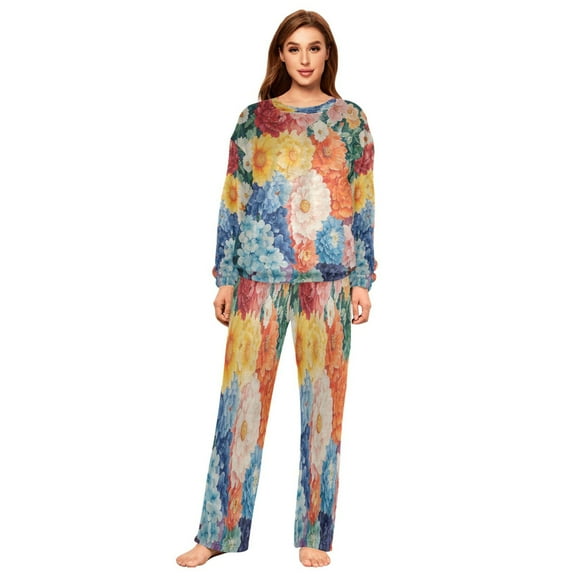 BZSMCE Women Slim Pajamas Loose Style Female Fashion Vibrant Floral Medley Pattern Sleepwear