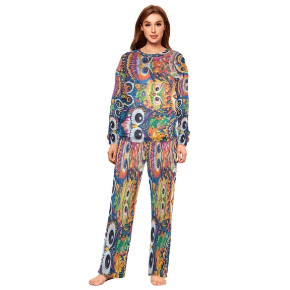 BZSMCE Women Slim Pajamas Loose Style Female Fashion Whimsical Owl Gathering Pattern Sleepwear