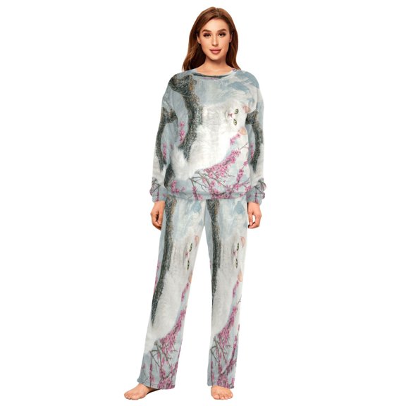 BZSMCE Women Slim Pajamas Loose Style Female Fashion White Cat Cherry Blossoms Mountains Pattern Sleepwear