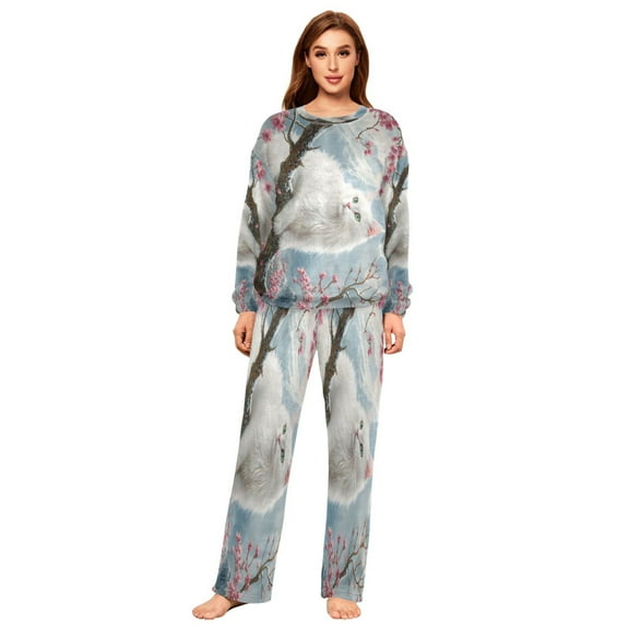 BZSMCE Women Slim Pajamas Loose Style Female Fashion White Cat on Cherry Blossom Branch Pattern Sleepwear