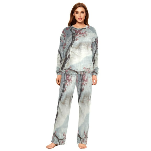 BZSMCE Women Slim Pajamas Loose Style Female Fashion White Cat on Cherry Blossom Tree Pattern Sleepwear