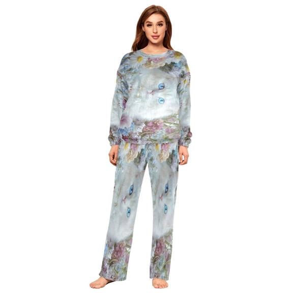 BZSMCE Women Slim Pajamas Loose Style Female Fashion White Cat with Blue Eyes Pattern Sleepwear