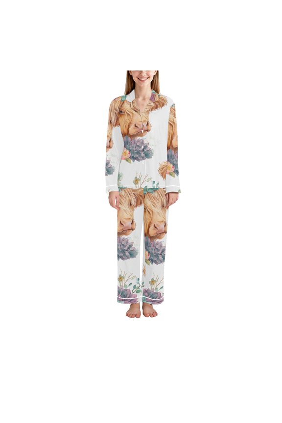 BZSMCE Womens Pajams Set Minimalist Style-Highland Cattle Succulent Pattern Pattern