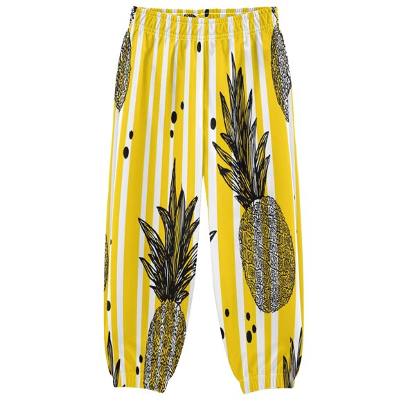 BZSMCE Yellow Striped Pineapple Pattern Print Elastic Waist Jogger Pants Lightweight Wind Resistant Casual Athletic Trousers with Cuffed Ankles & Side Pockets