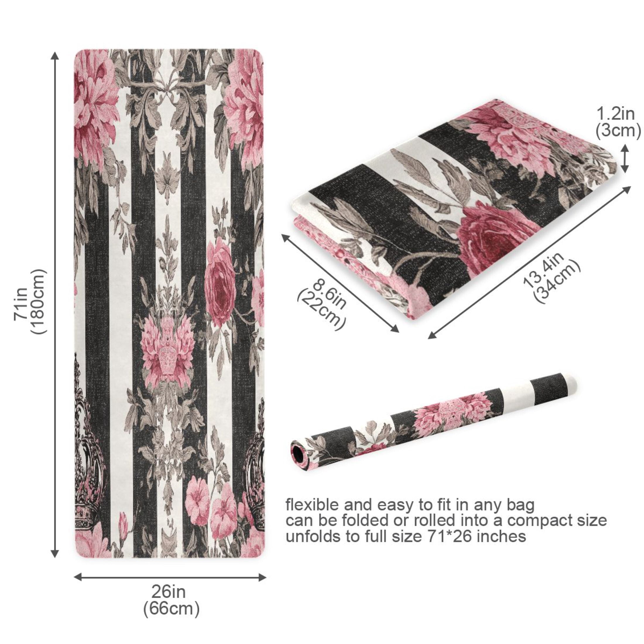 BZSMCE Yoga Mat Women Black White Stripes Pink Roses Fitness Mat