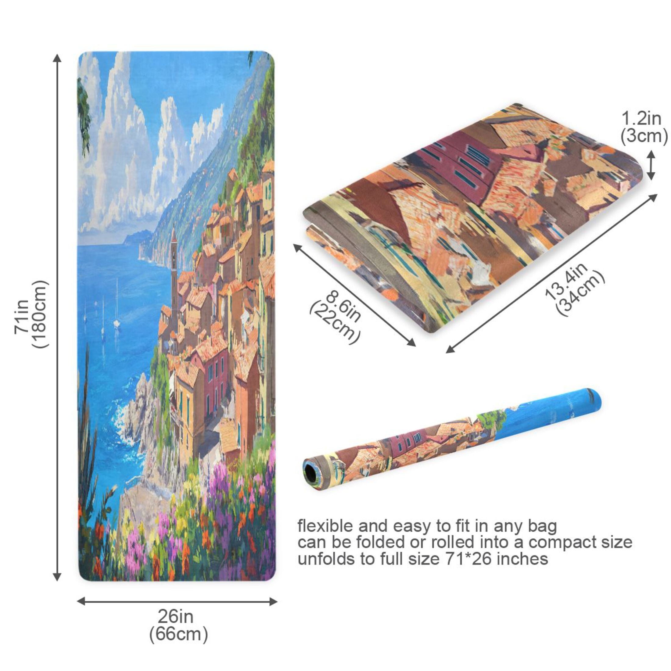 BZSMCE Yoga Mat Women Colorful Coastal Village Painting Fitness Mat