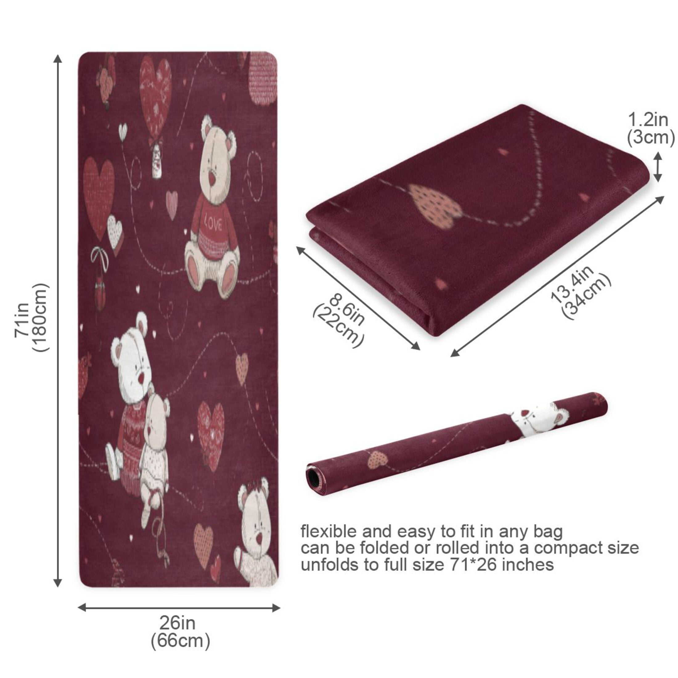 BZSMCE Yoga Mat Women Fitness Mat Burgundy Bear Heart Cuddle Pattern