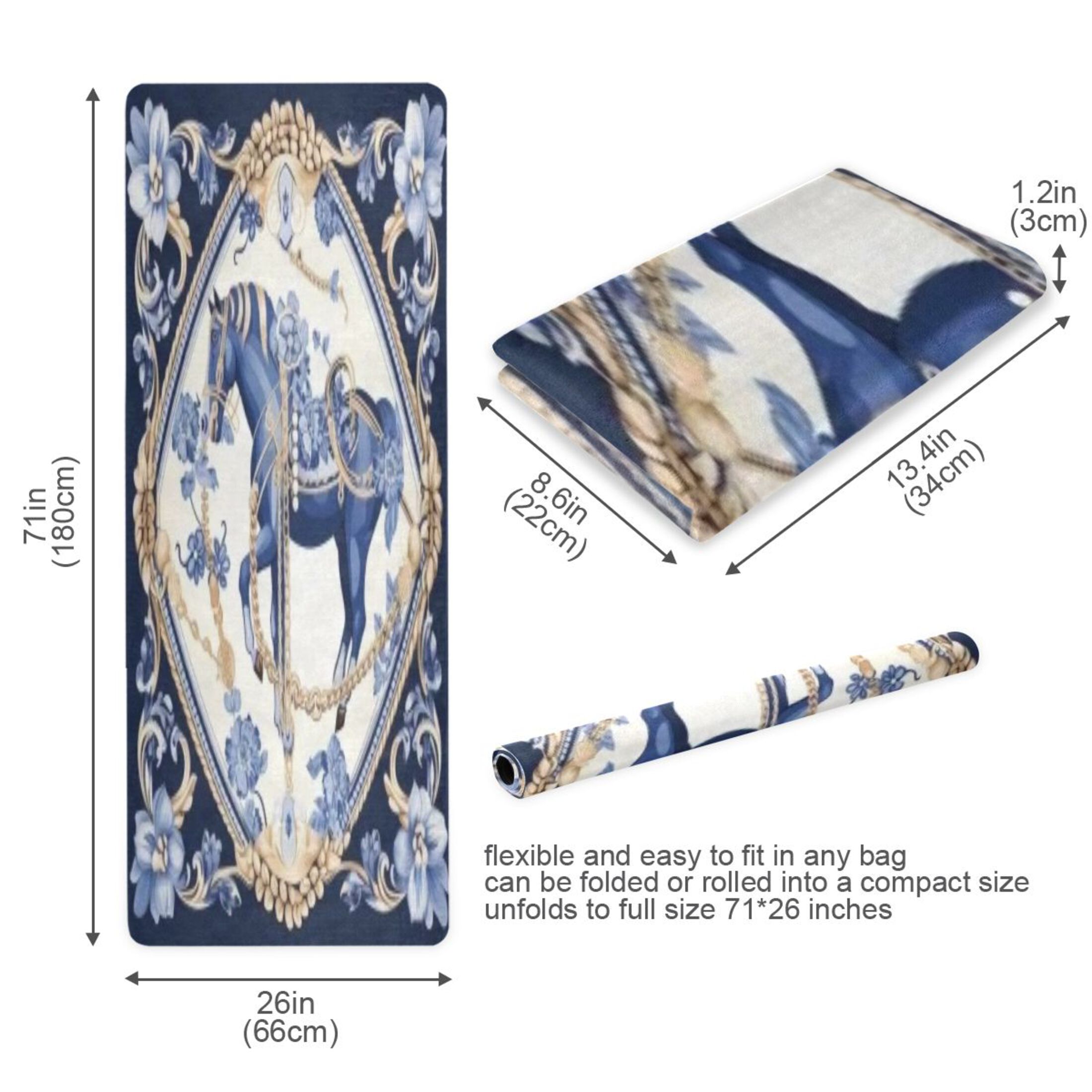 BZSMCE Yoga Mat Women Fitness Mat Ornate Blue Horse in A Floral Frame Pattern