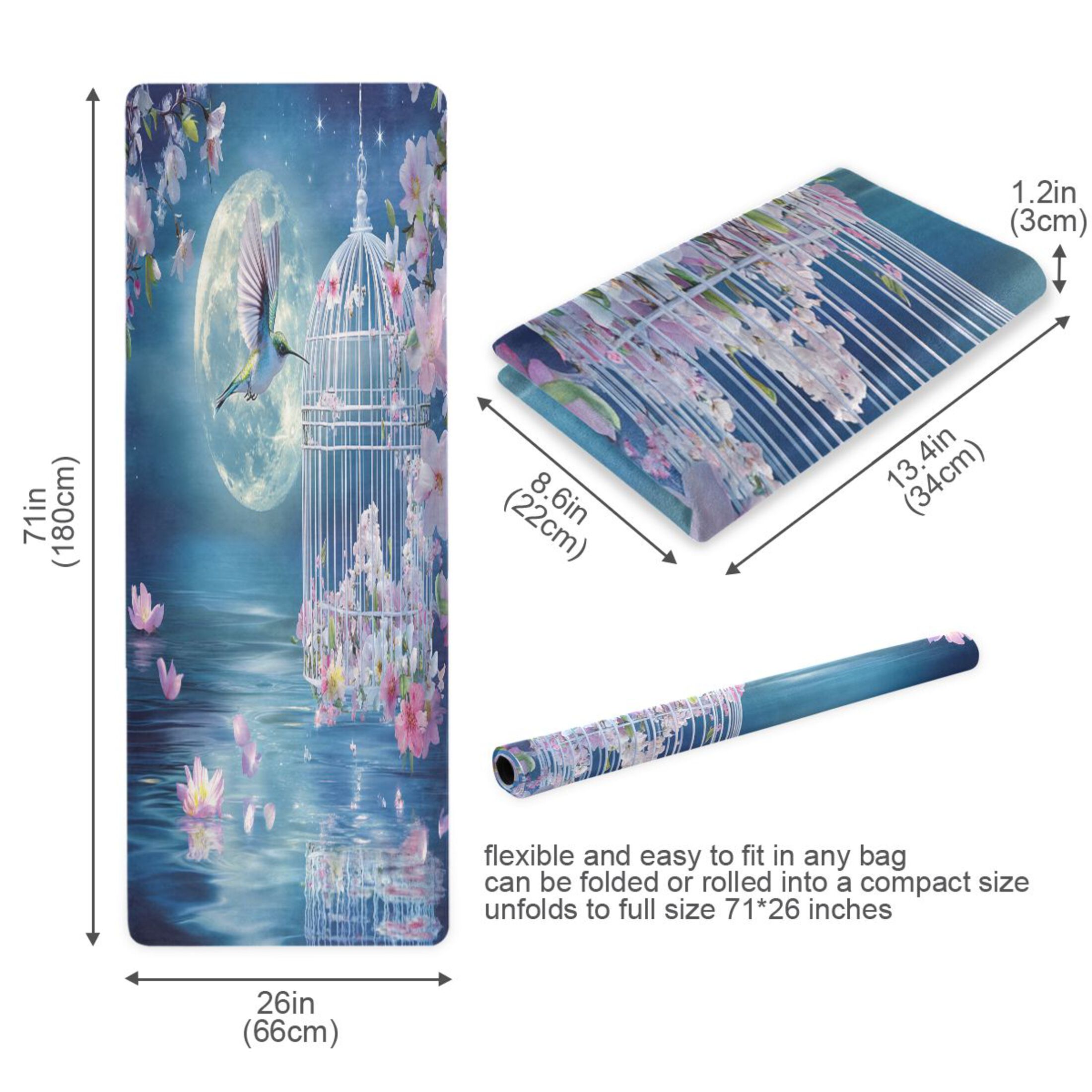 BZSMCE Yoga Mat Women Hummingbird Cage Flowers Moonlit Scene Fitness Mat