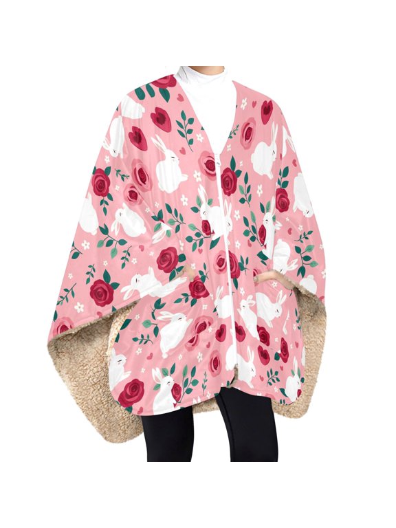 BZSMCE rose rabbit love Print Wearable Blanket Poncho DoubleLayer Fleece Sherpa Wrap Blanket With Zipper & Pockets Cozy Sleeveless Warm Throw Blanket