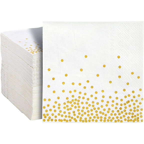 BZUEPRS 100 Pack Disposable White and Gold Paper Cocktail Napkins for Wedding Reception, Polka Dot Party Supplies (5 x 5 In)