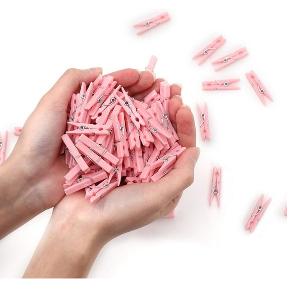 BZUEPRS 100PCS Baby Shower Clothespins Plastic Clothes Pin with Waterproof Bag Mini Pink Pin Bulk 1.37 inch for Party Decorations, DIY Crafts