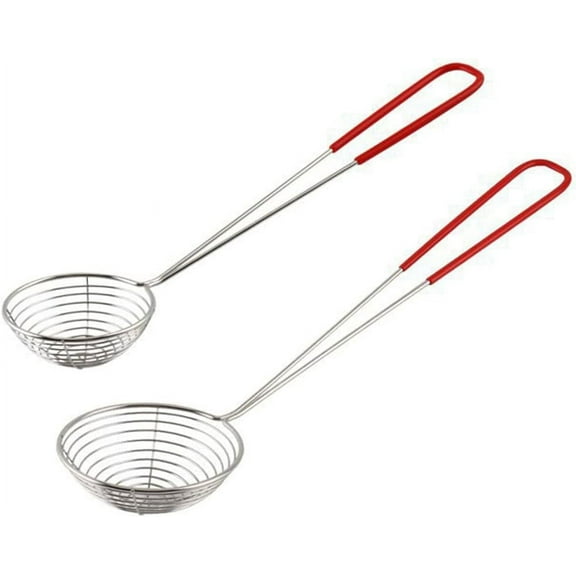 BZUEPRS 2Pcs Stainless Steel Strainer Spoons Boba Spoon Scoop Hot Pot Strainer Spoons Ladle Wire Cooking Skimmers Spoon with Handle for Hot Pot, Meatball, Kitchen Baking Oil Filter, 2 Sizes
