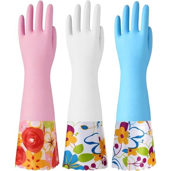 BZUEPRS 3 Pairs Rubber Cleaning Gloves, Household Kitchen Dishwashing Gloves with Cotton Flocked Liner, Long Cuff 16 Inches, Reusable, Non-Slip (Medium, Blue+Pink+White)