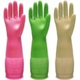 thumbnail image 1 of BZUEPRS 3 Pairs of Rubber Dishwashing Gloves for Kitchen and Household Cleaning – Long Cuff 15", Reusable, Flexible Long-Lasting and Non-Slip (Red+Yellow+Green, Large), 1 of 6