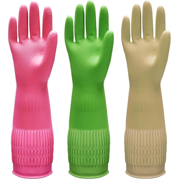 BZUEPRS 3 Pairs of Rubber Dishwashing Gloves for Kitchen and Household Cleaning – Long Cuff 15", Reusable, Flexible Long-lasting and Non-Slip (Red+Yellow+Green, Large)