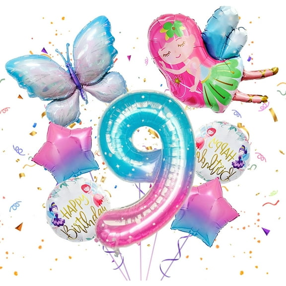 BZUEPRS 3rd Birthday Decorations for Girls 3rd Birthday Balloons Kit, Gradient Number Balloon Set with 3 Number Butterfly Flower Fairy Pink Star Round Foil Balloon for Fairy Theme Birthday Decoration