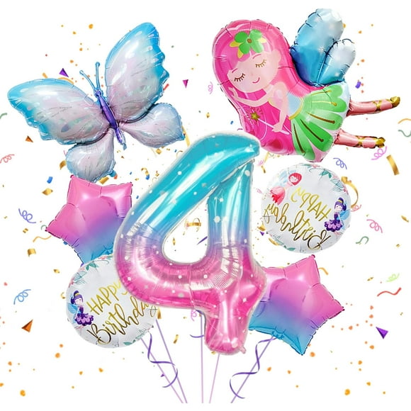BZUEPRS 3rd Birthday Decorations for Girls 3rd Birthday Balloons Kit, Gradient Number Balloon Set with 3 Number Butterfly Flower Fairy Pink Star Round Foil Balloon for Fairy Theme Birthday Decoration