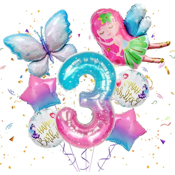 BZUEPRS 3rd Birthday Decorations for Girls 3rd Birthday Balloons Kit, Gradient Number Balloon Set with 3 Number Butterfly Flower Fairy Pink Star Round Foil Balloon for Fairy Theme Birthday Decoration