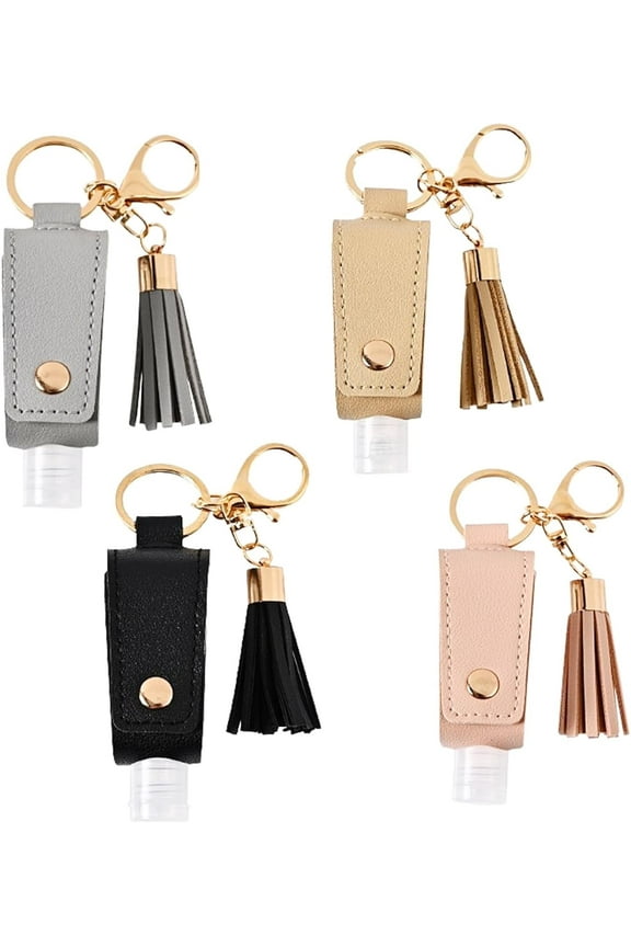 4 Pack Small Hand Sanitizer Keychain Portable Leather Empty Bottles for Toiletry Shampoo Lotion Soap
