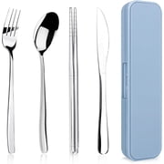 BZUEPRS 5 Piece Portable Travel Utensils Set with Case, Premium 304 Stainless Steel Camping Utensils Set, Reusable Silverware for Camping, Lunch, Work, Easy to Clean Silver