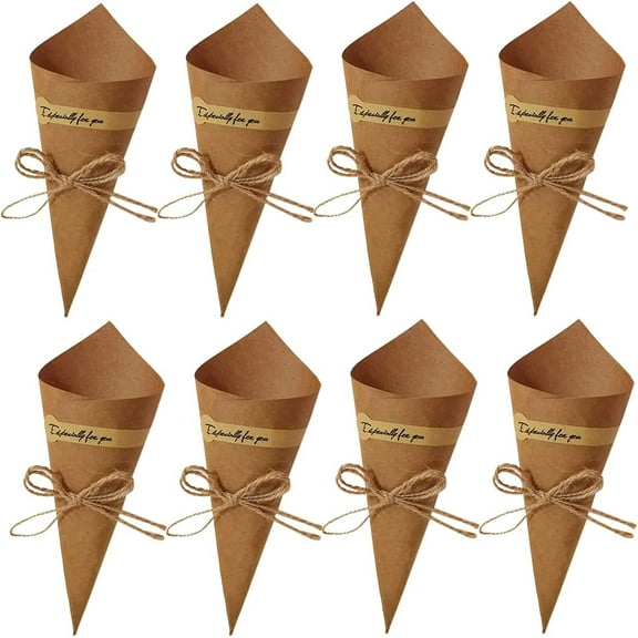 BZUEPRS 50Pcs Kraft Paper Cones Bouquet Wrapping Paper Cones Candy Gift Flower Paper Cones Holder with Hemp Ropes for DIY Wedding Table Decor Party Gift Packaging, Brown