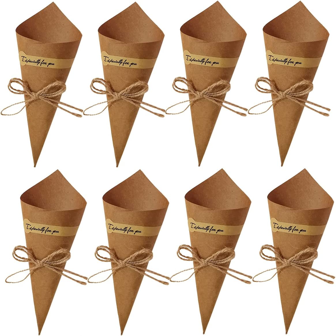 BZUEPRS 50Pcs Kraft Paper Cones Bouquet Wrapping Paper Cones Wedding Confetti Candy Gift Flower Paper Cones Holder with Hemp Ropes for DIY Wedding Table Decor Party Gift Packaging, Brown