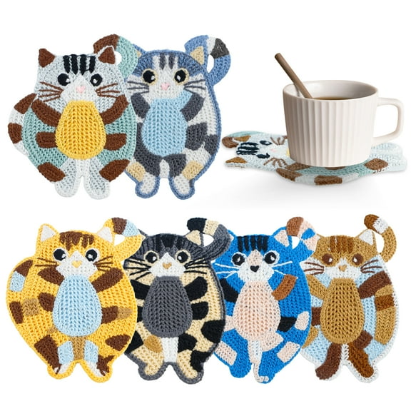 BZUEPRS 6Pcs Cute Cat Coasters Cat Creative Knitted Coasters Funny Cat Gifts for Cat Lovers Drink Coasters for Table, Office, Desk, Bar,Coffee Shop