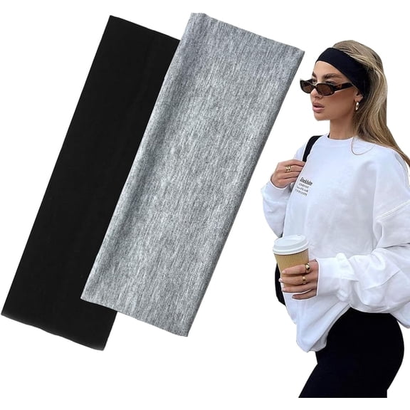 BZUEPRS 7cm Wide Black Headbands for Women Men, 2pack Fashion Head Bands for Women's Hair, Soft Fabric Stretchy Hair Bands for Makeup, Yoga, Running, Sports (Black/White)