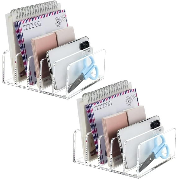 BZUEPRS Acrylic Mail Holder, Clear Desk Organizer with Divider, Vertical Letter Sorter for Desktop, 5 Compartments Modern Office Home Envelope Organizer for Bill, Document, Notebook