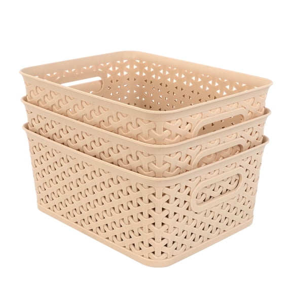 BZUEPRS 3Pcs Small Apricot Rectangular Storage Basket Plastic Rattan Storage Basket Suitable for Bedroom,Kitchen,Living Room,Bathroom