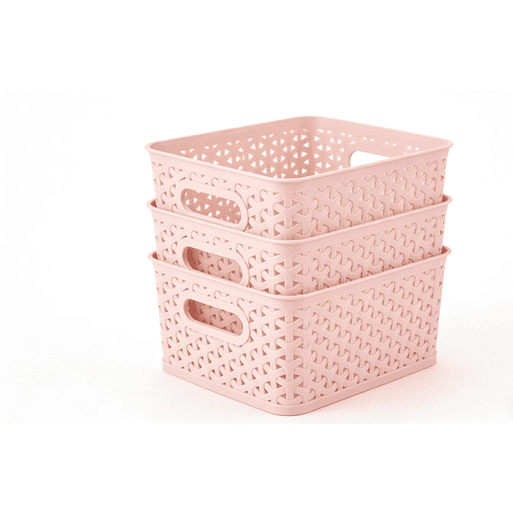 BZUEPRS 3Pcs Small Apricot Rectangular Storage Basket Plastic Rattan Storage Basket Suitable for Bedroom,Kitchen,Living Room,Bathroom