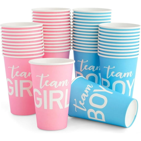 BZUEPRS Paper Party Cups, Gender Reveal Party Supplies (12 oz, Pink and Blue, 50-Pack)