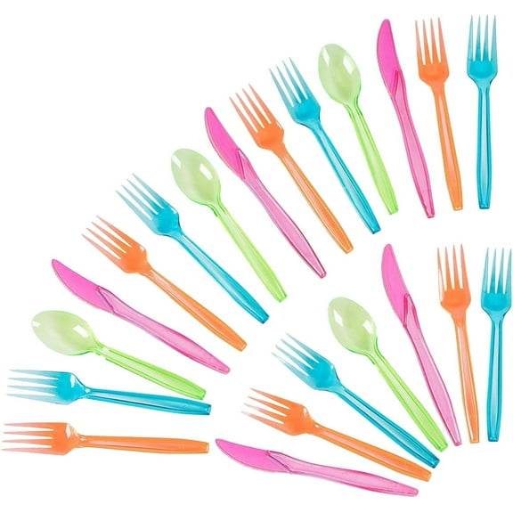 BZUEPRS Rainbow Plastic Silverware Set, Neon Forks, Knives, and Spoons (144 Pieces)