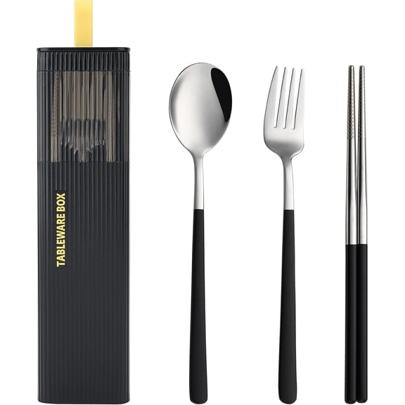 BZUEPRS Travel Utensils with Case, Stainless Steel Reusable Camping Silverware Set for Lunch Box, Portable Cutlery Kit Includes Fork, Spoon, Chopsticks (Black)